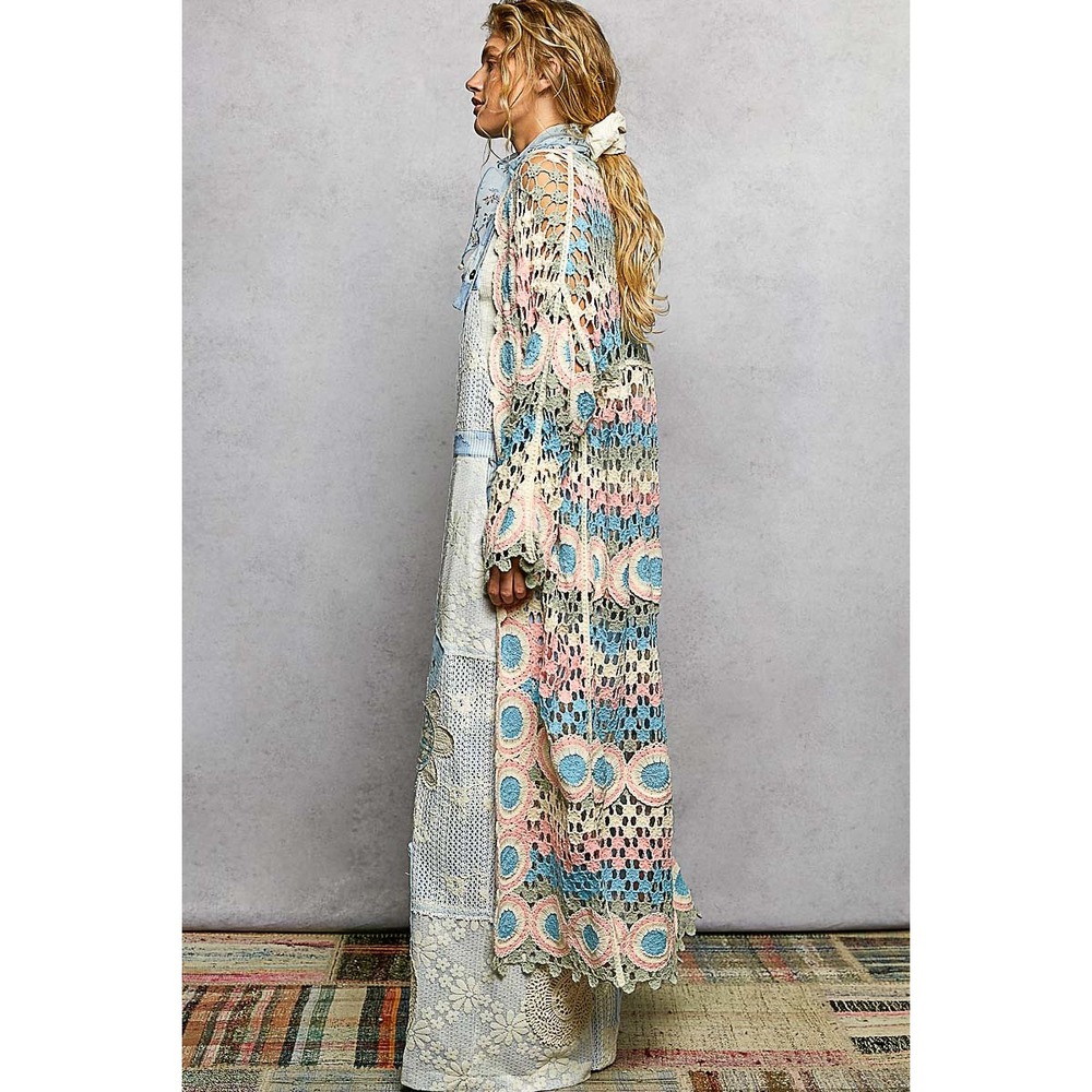 POL Boho Crochet Long Duster Cardigan Open Knit Scalloped Edge one size - Picture 6 of 6